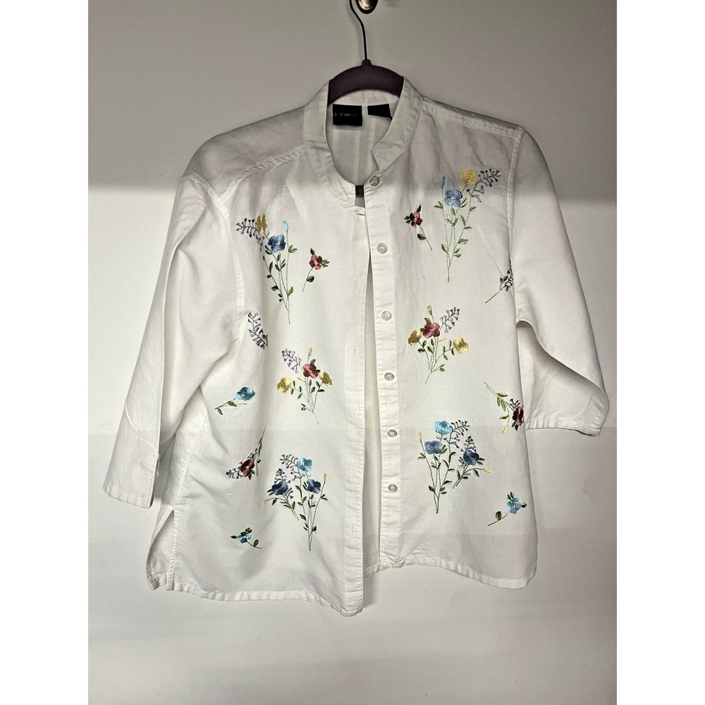 Erika‎ Embroidered Linen Blend Floral Button Front Blouse Womens Medium Boho